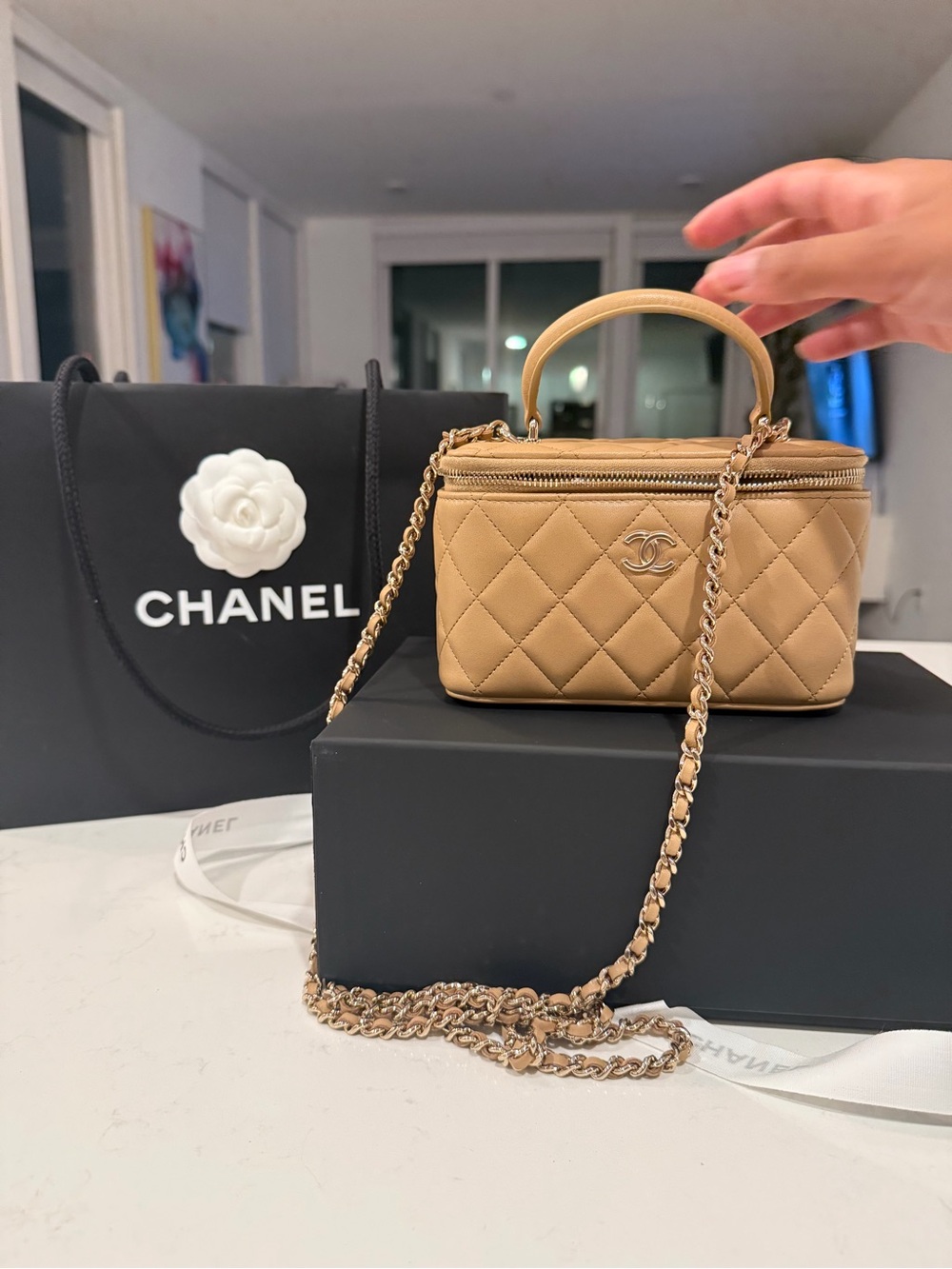 CHANEL Quilted Mini Vanity Bag in Taupe